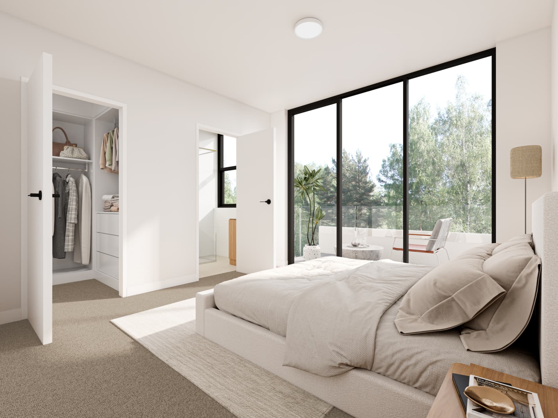 Main bedroom with walk-in robe and balcony render