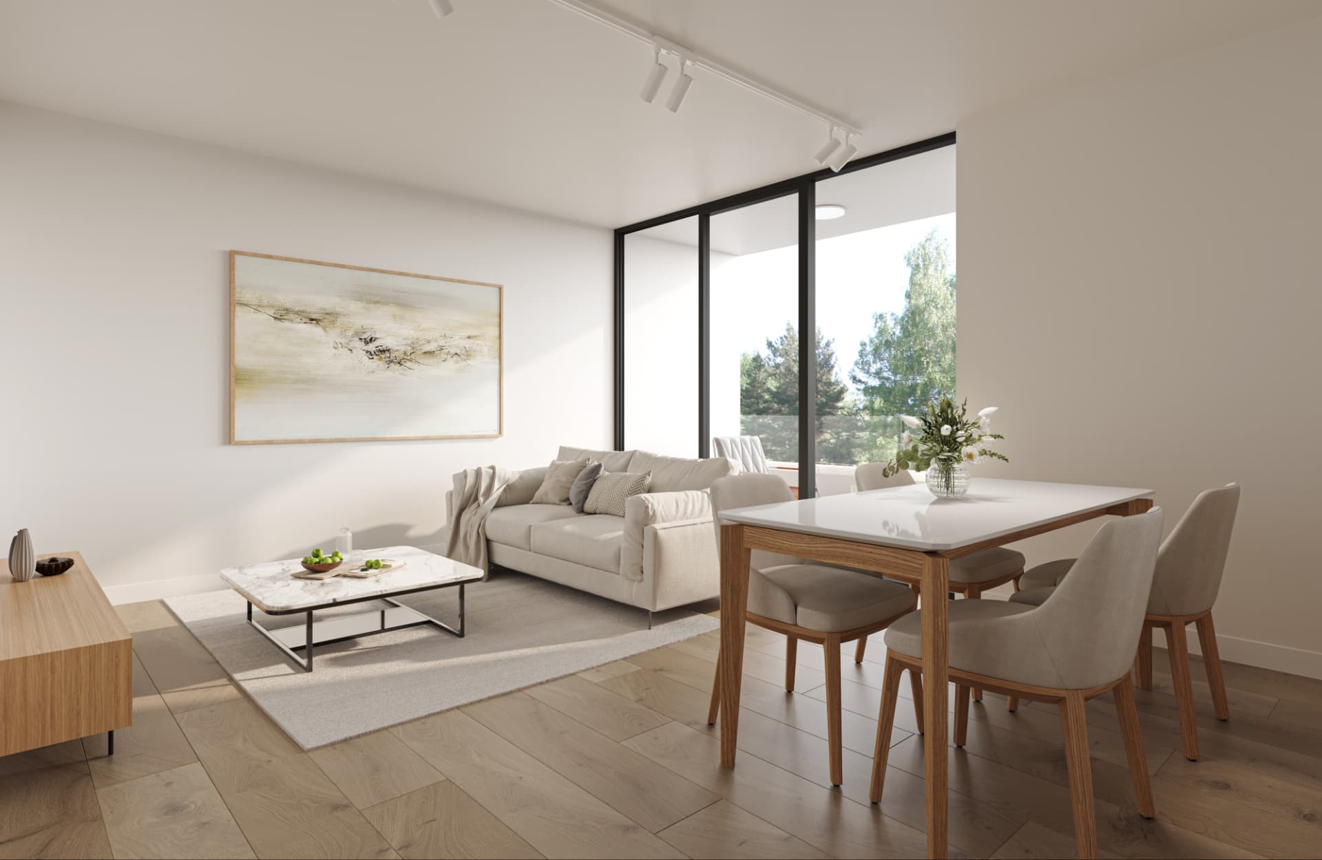 Open plan living and dining space render