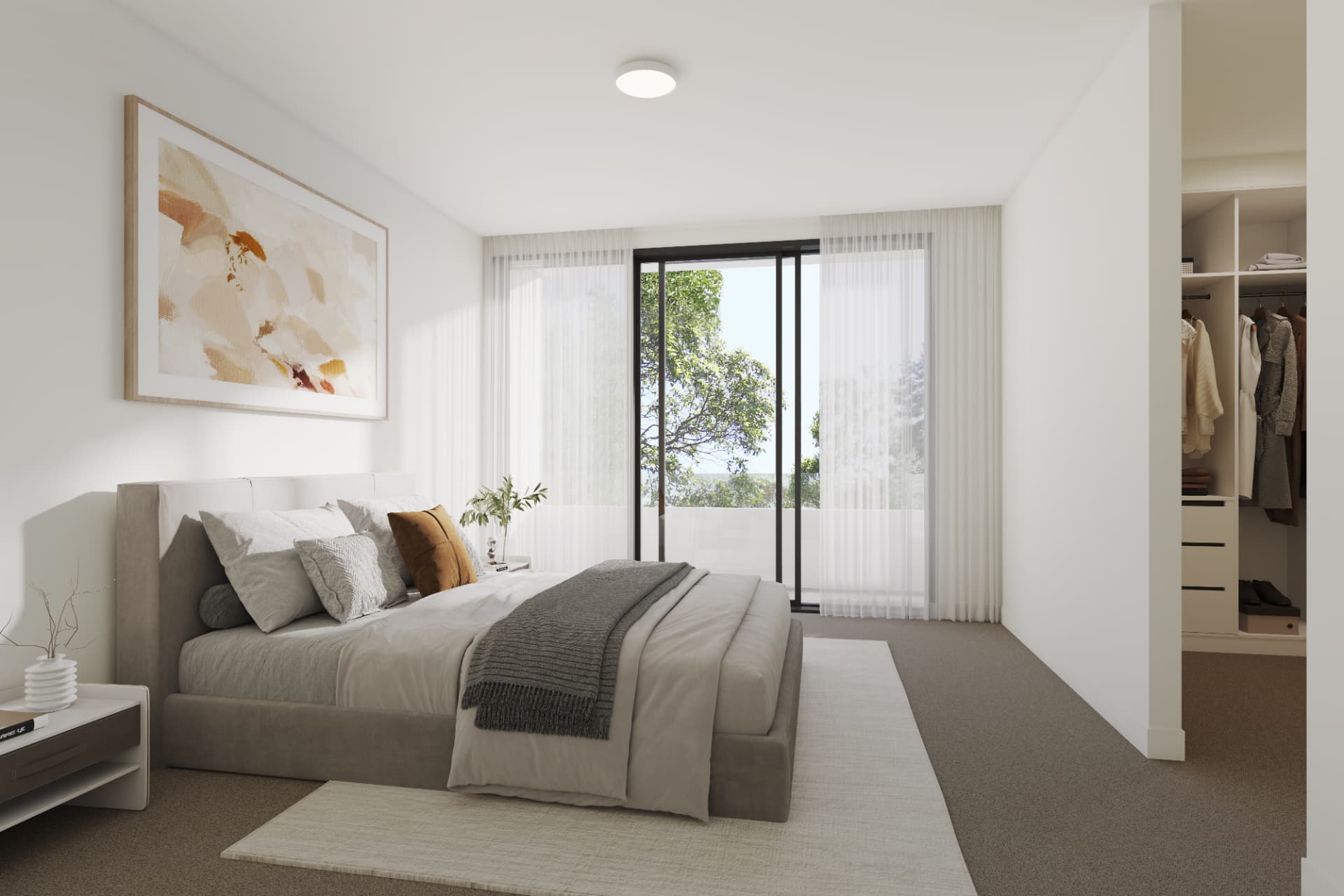 Townhouse bedroom with walk-in robe render