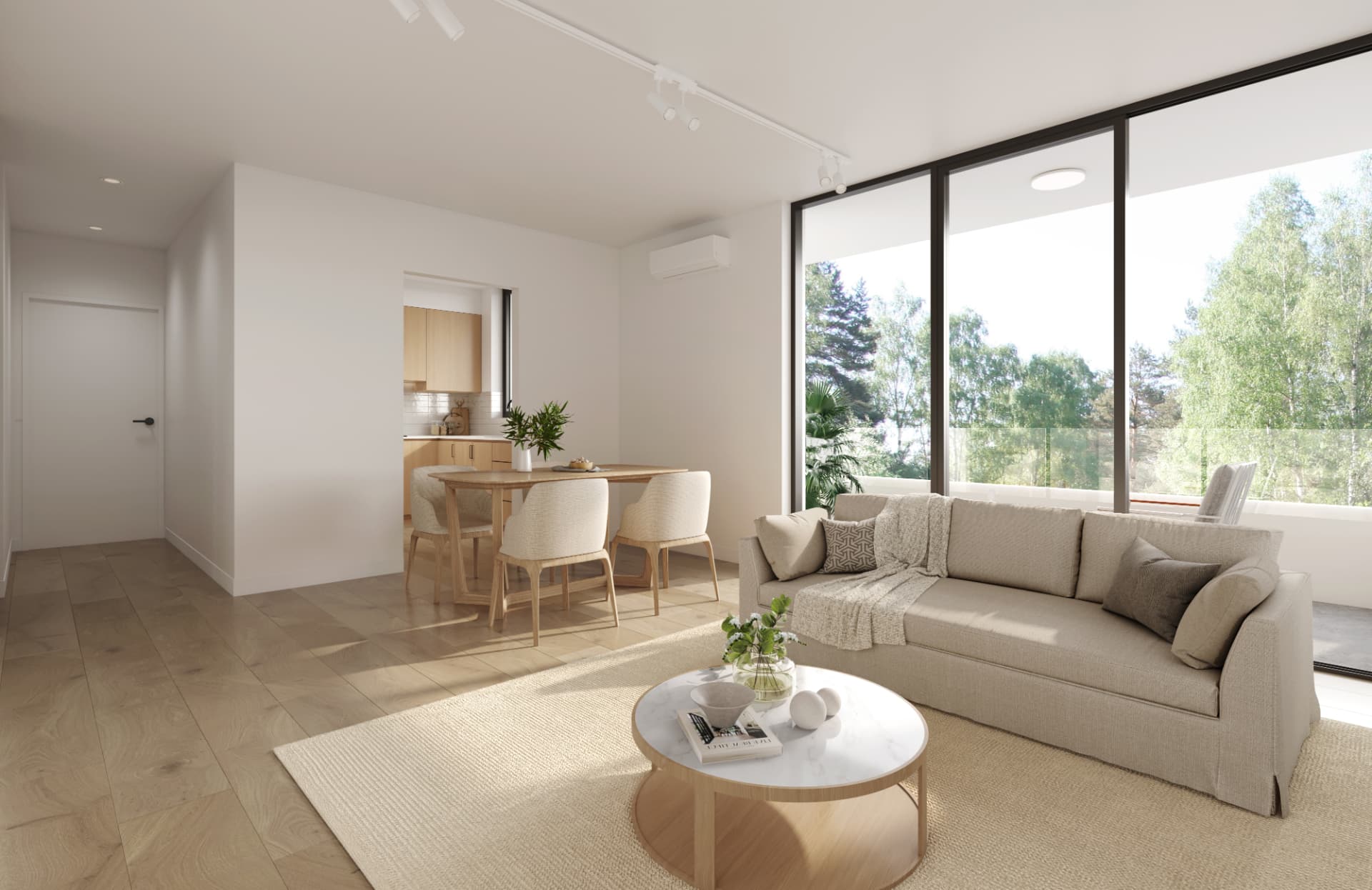Living and dining area with balcony outlook render