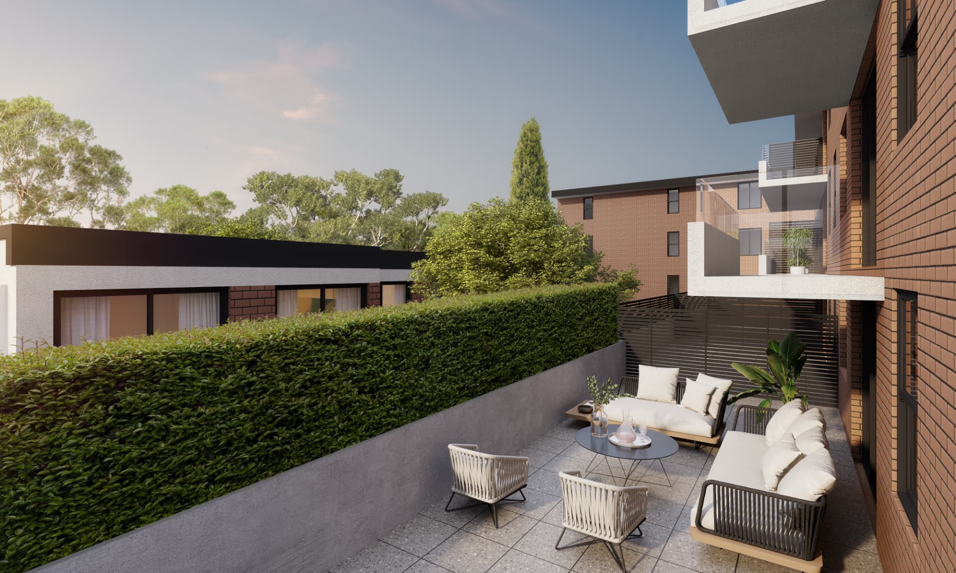 Private terrace with outdoor lounge setting render