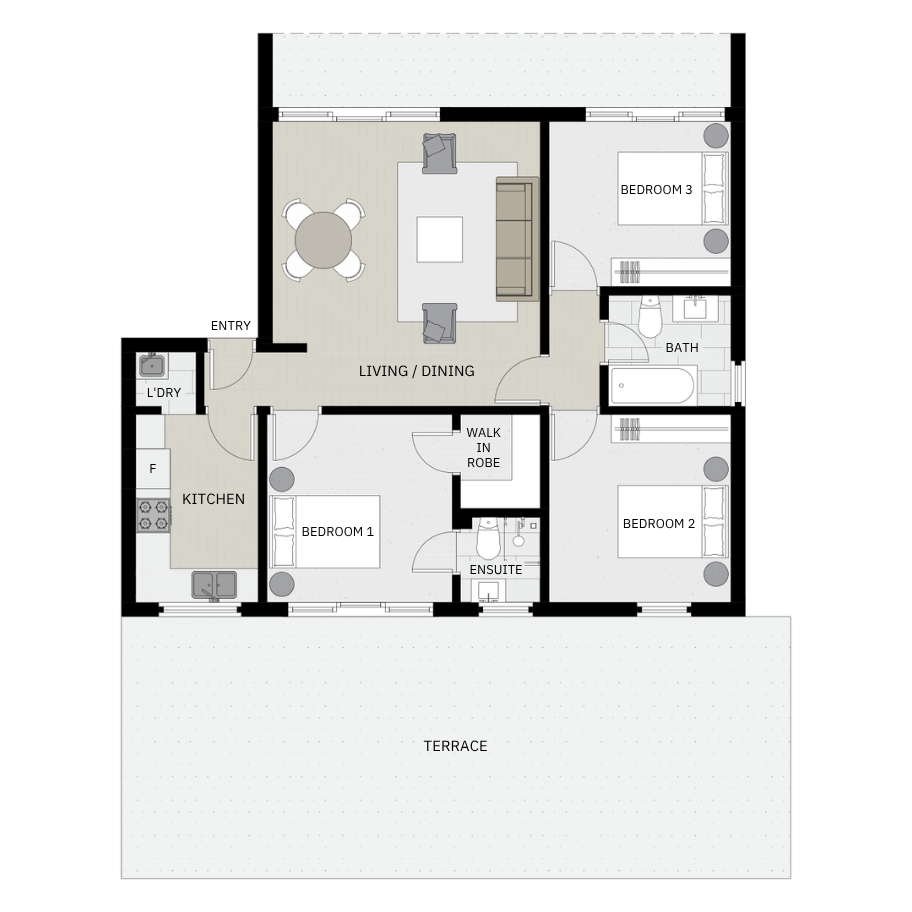 Indicative three bedroom apartment floorplan