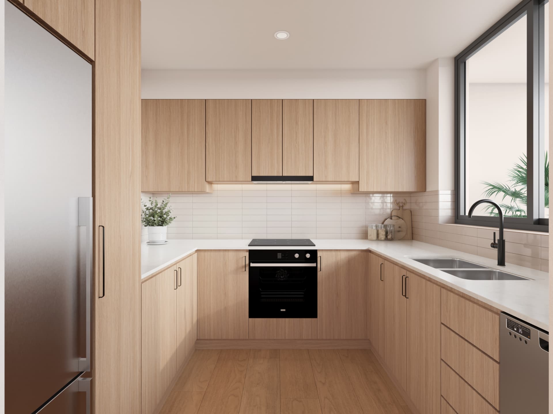 Timber kitchen with stone benchtops render