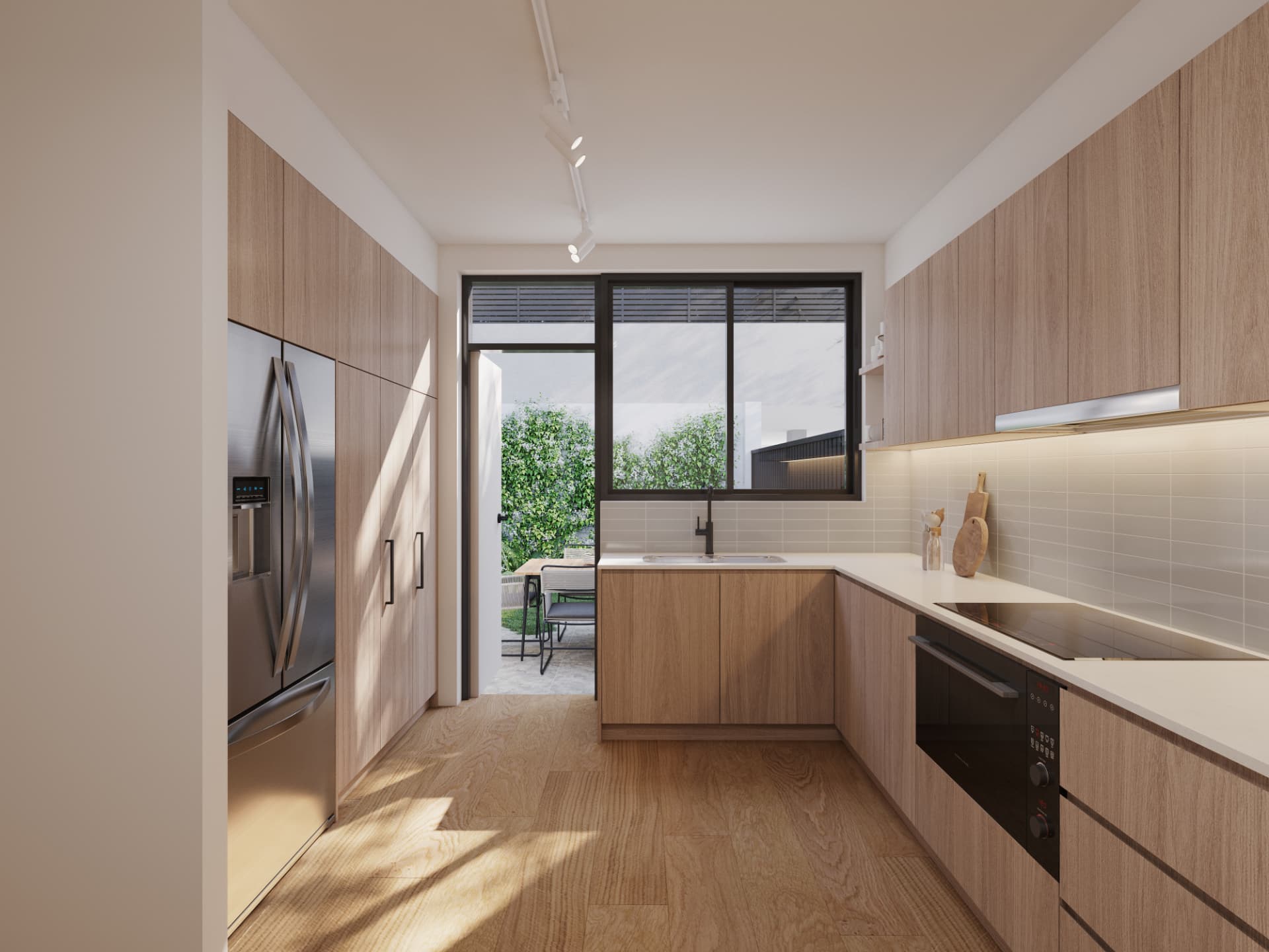 Townhouse kitchen with courtyard access render