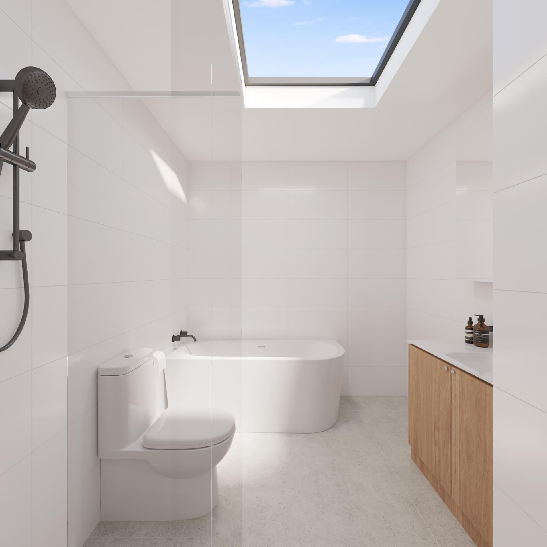 Bathroom with freestanding bath and skylight render